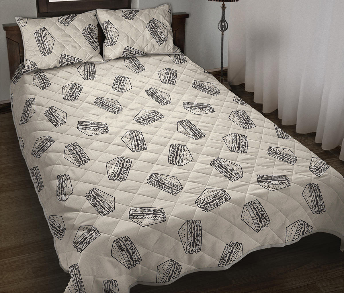 Grey Doodle Sandwich Pattern Print Quilt Bed Set