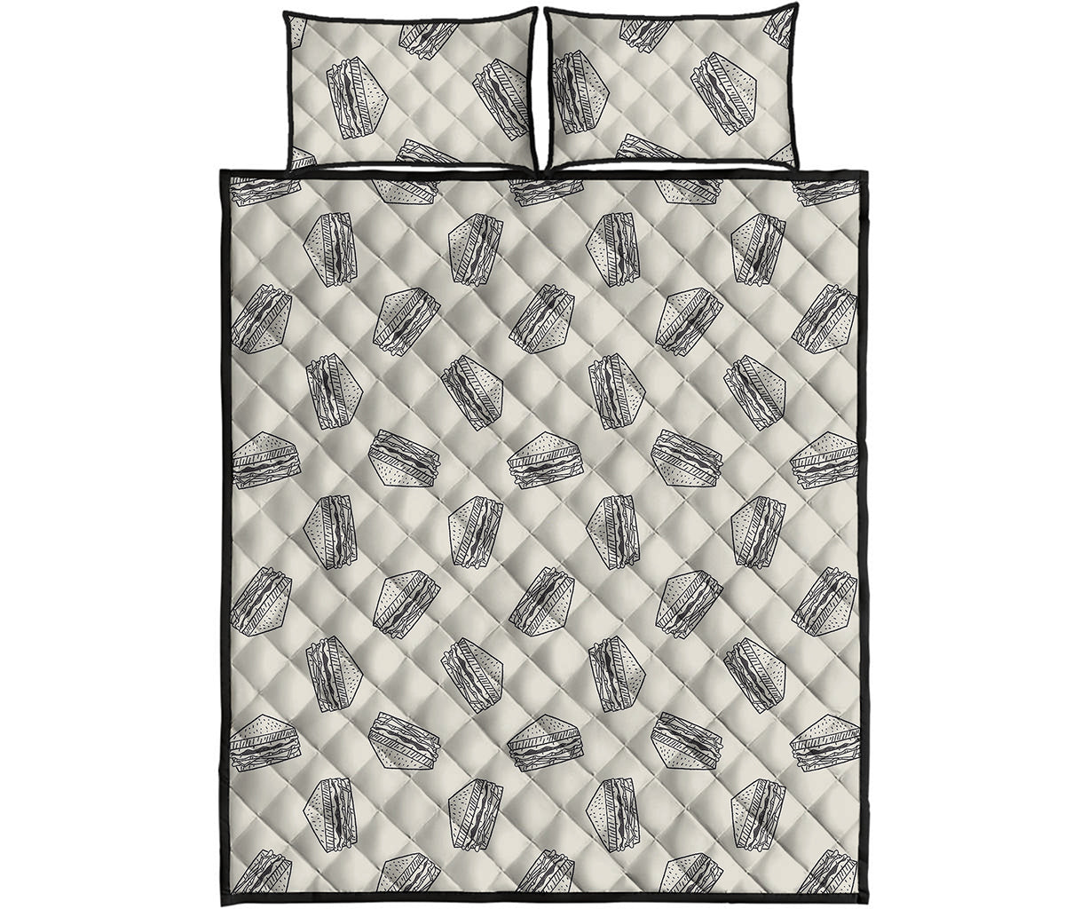 Grey Doodle Sandwich Pattern Print Quilt Bed Set