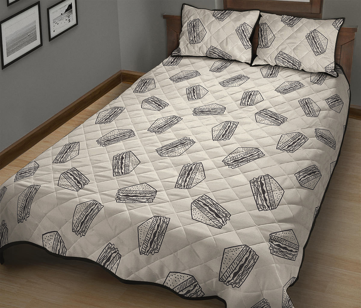 Grey Doodle Sandwich Pattern Print Quilt Bed Set