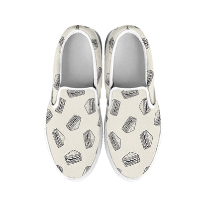 Grey Doodle Sandwich Pattern Print White Slip On Shoes