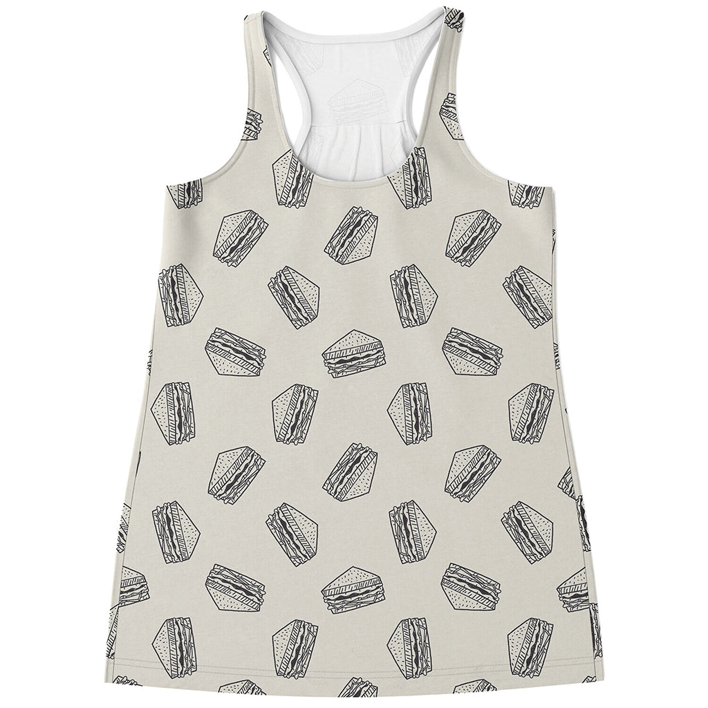 Grey Doodle Sandwich Pattern Print Women's Racerback Tank Top