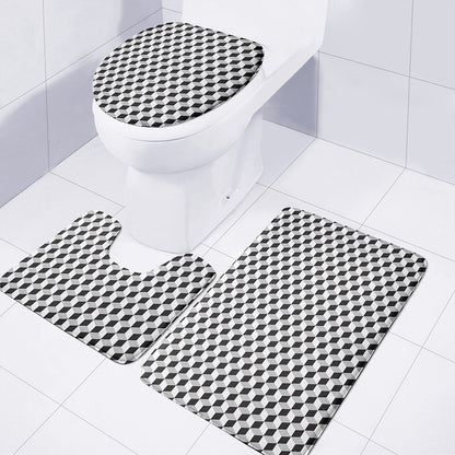 Grey Geometric Cube Shape Pattern Print 3 Piece Bath Mat Set