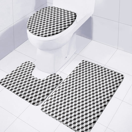 Grey Geometric Cube Shape Pattern Print 3 Piece Bath Mat Set