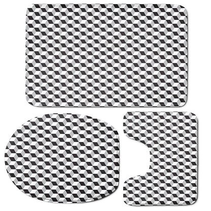 Grey Geometric Cube Shape Pattern Print 3 Piece Bath Mat Set