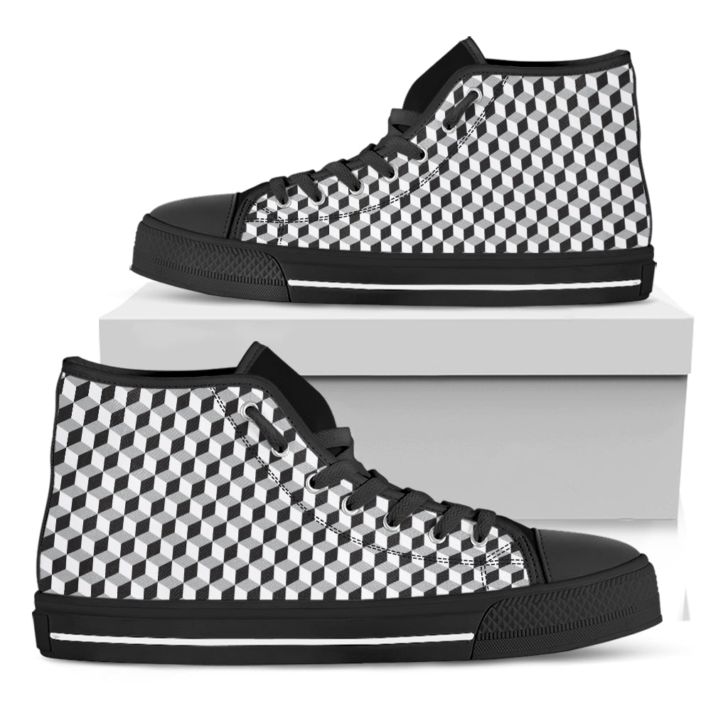 Grey Geometric Cube Shape Pattern Print Black High Top Shoes