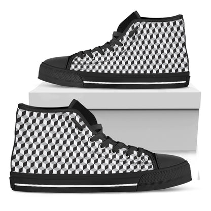 Grey Geometric Cube Shape Pattern Print Black High Top Shoes