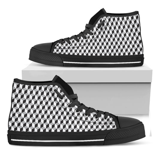 Grey Geometric Cube Shape Pattern Print Black High Top Shoes