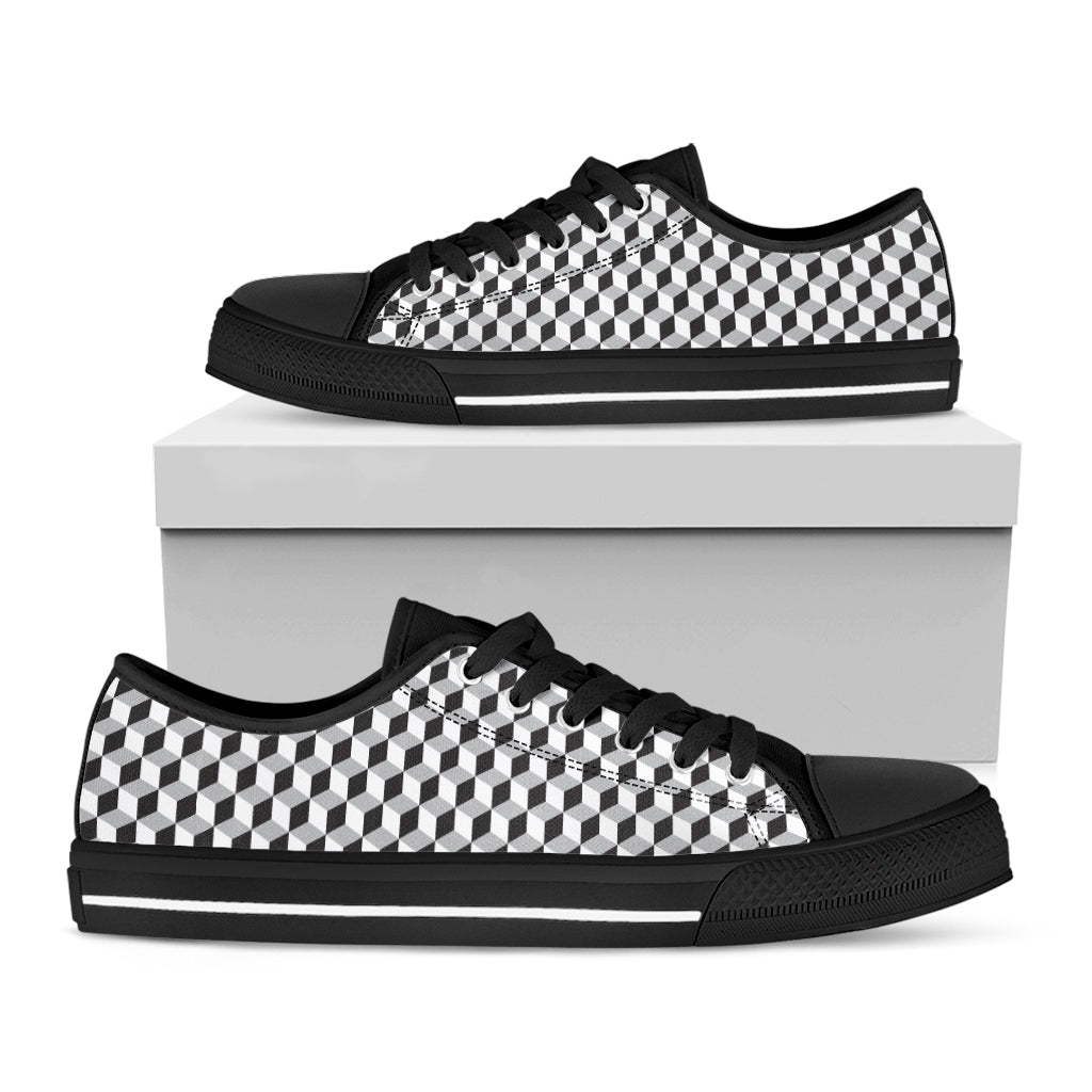 Grey Geometric Cube Shape Pattern Print Black Low Top Shoes