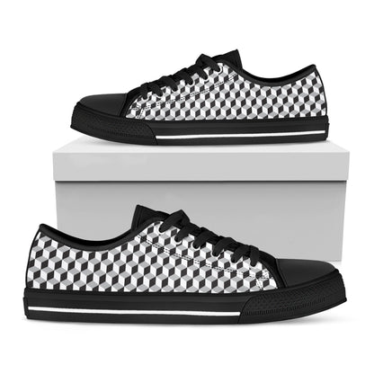 Grey Geometric Cube Shape Pattern Print Black Low Top Shoes