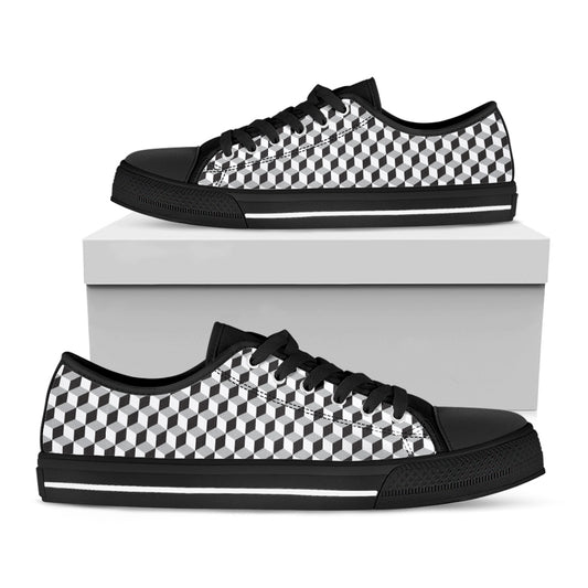 Grey Geometric Cube Shape Pattern Print Black Low Top Shoes