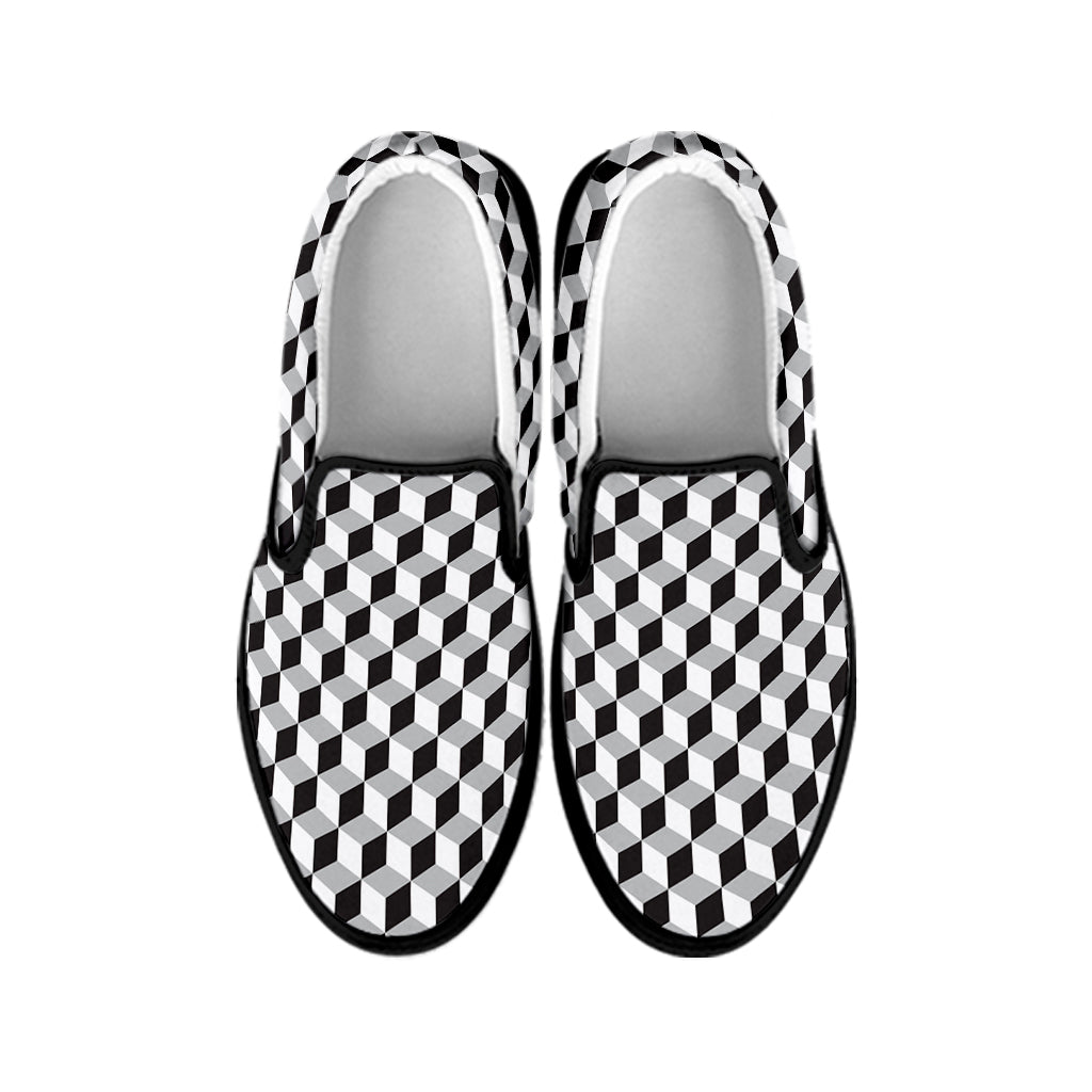 Grey Geometric Cube Shape Pattern Print Black Slip On Shoes