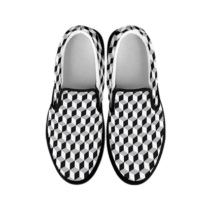 Grey Geometric Cube Shape Pattern Print Black Slip On Shoes