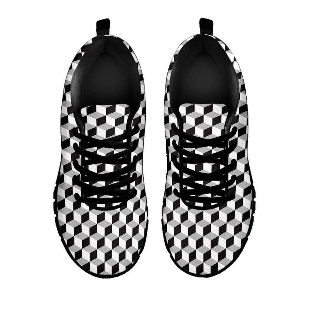 Grey Geometric Cube Shape Pattern Print Black Sneakers