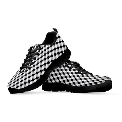 Grey Geometric Cube Shape Pattern Print Black Sneakers