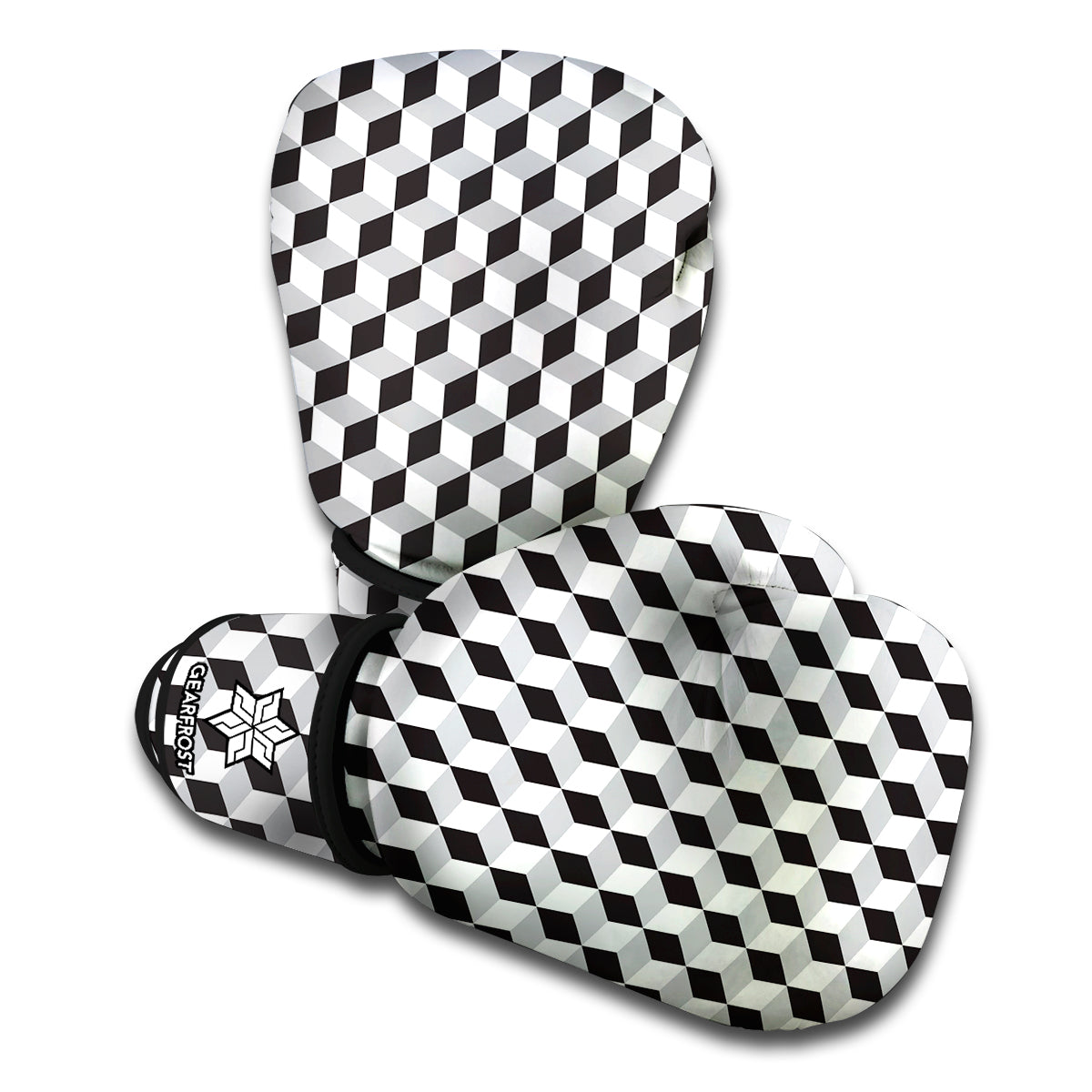 Grey Geometric Cube Shape Pattern Print Boxing Gloves