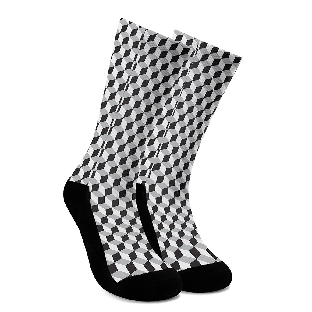 Grey Geometric Cube Shape Pattern Print Crew Socks