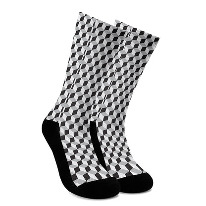 Grey Geometric Cube Shape Pattern Print Crew Socks