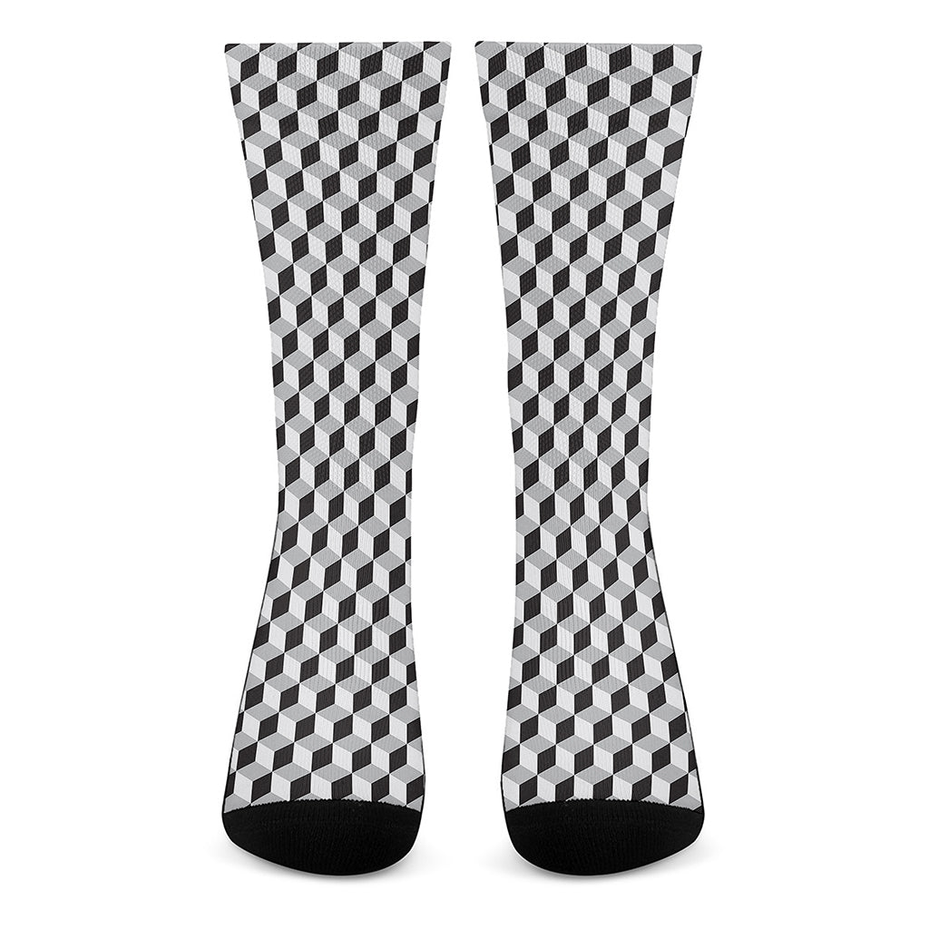 Grey Geometric Cube Shape Pattern Print Crew Socks