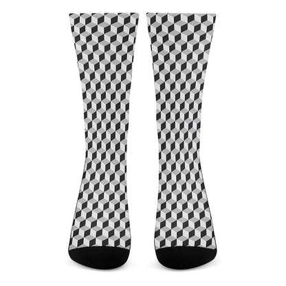 Grey Geometric Cube Shape Pattern Print Crew Socks