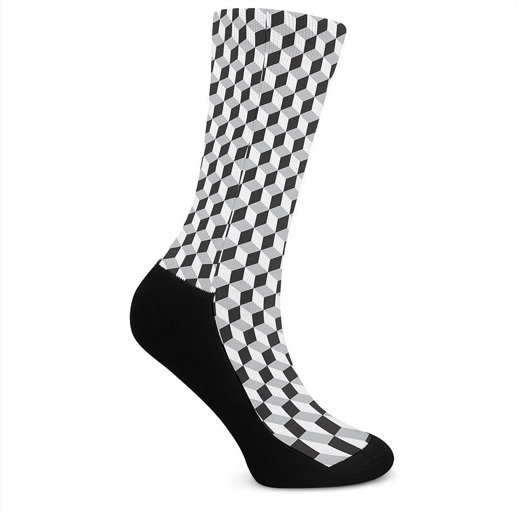 Grey Geometric Cube Shape Pattern Print Crew Socks