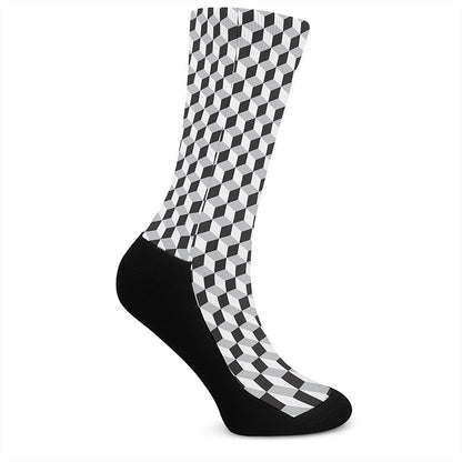 Grey Geometric Cube Shape Pattern Print Crew Socks