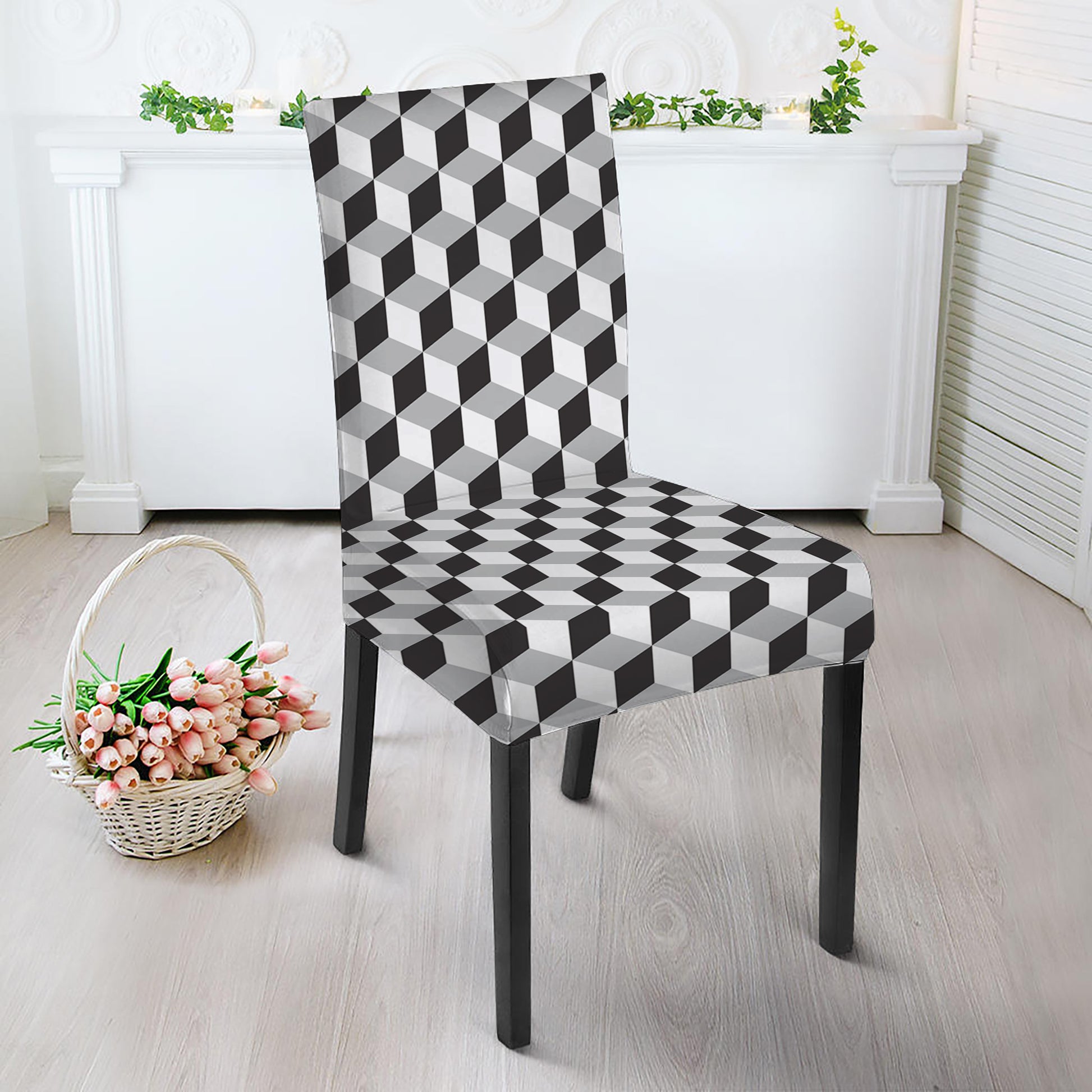 Grey Geometric Cube Shape Pattern Print Dining Chair Slipcover