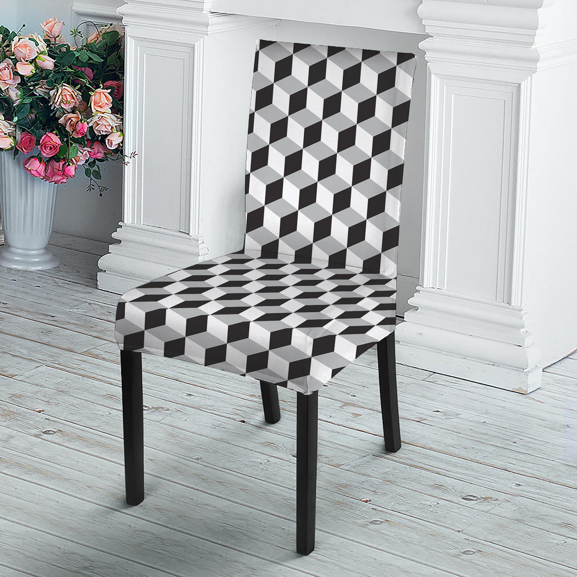 Grey Geometric Cube Shape Pattern Print Dining Chair Slipcover