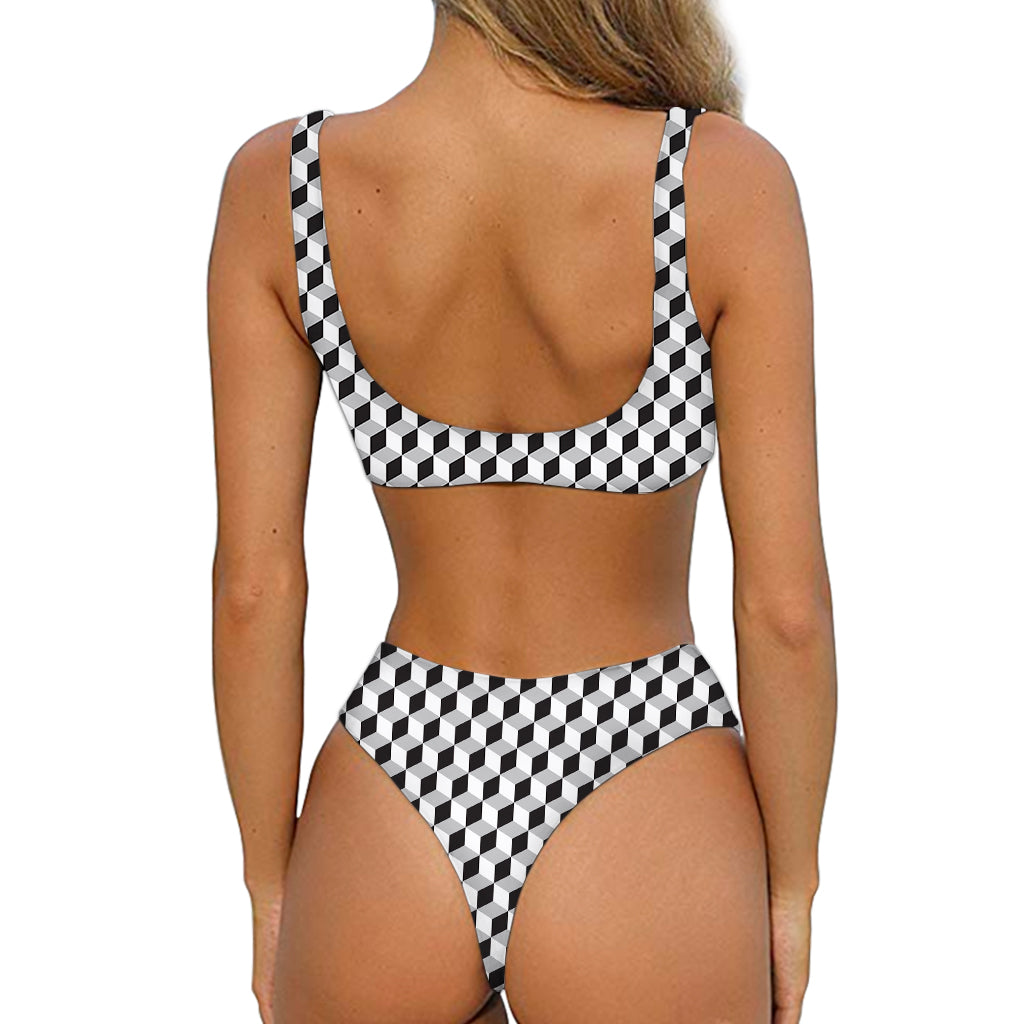 Grey Geometric Cube Shape Pattern Print Front Bow Tie Bikini