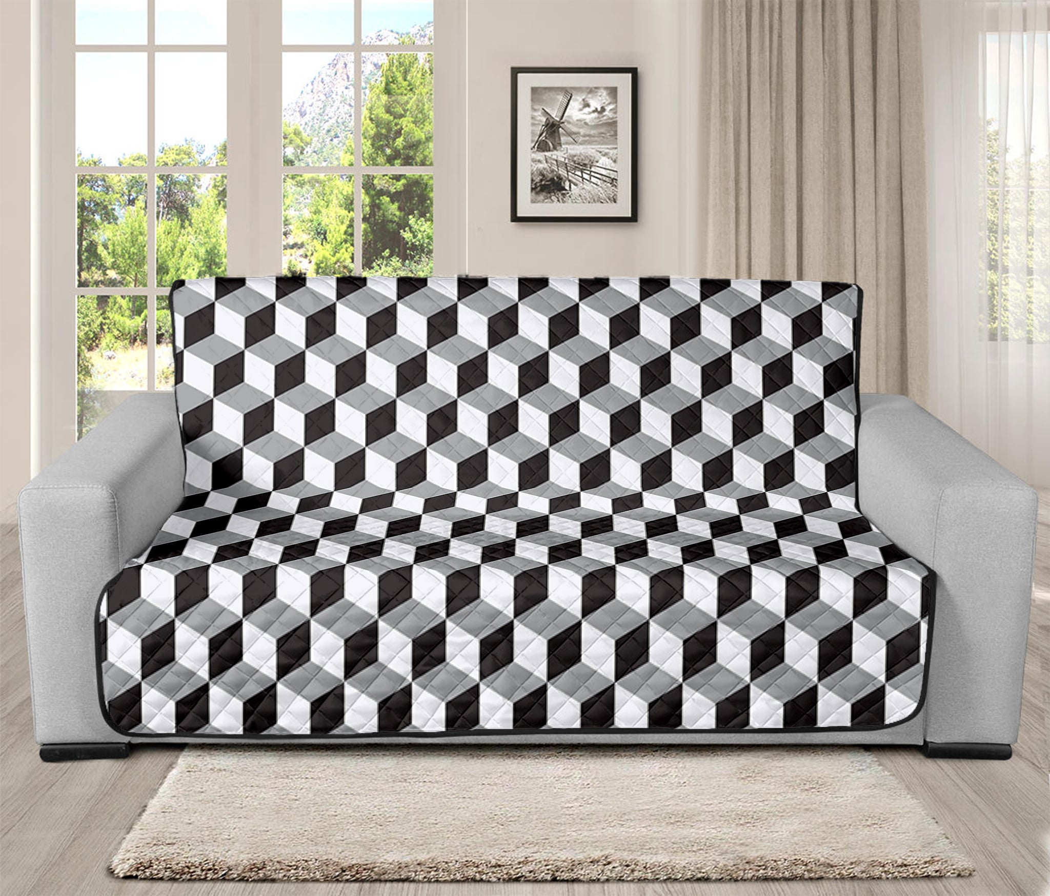 Grey Geometric Cube Shape Pattern Print Futon Protector