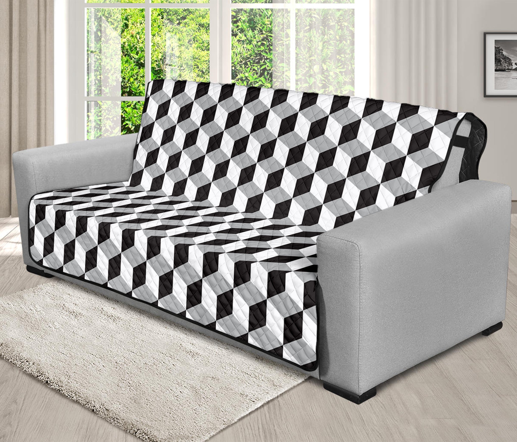 Grey Geometric Cube Shape Pattern Print Futon Protector