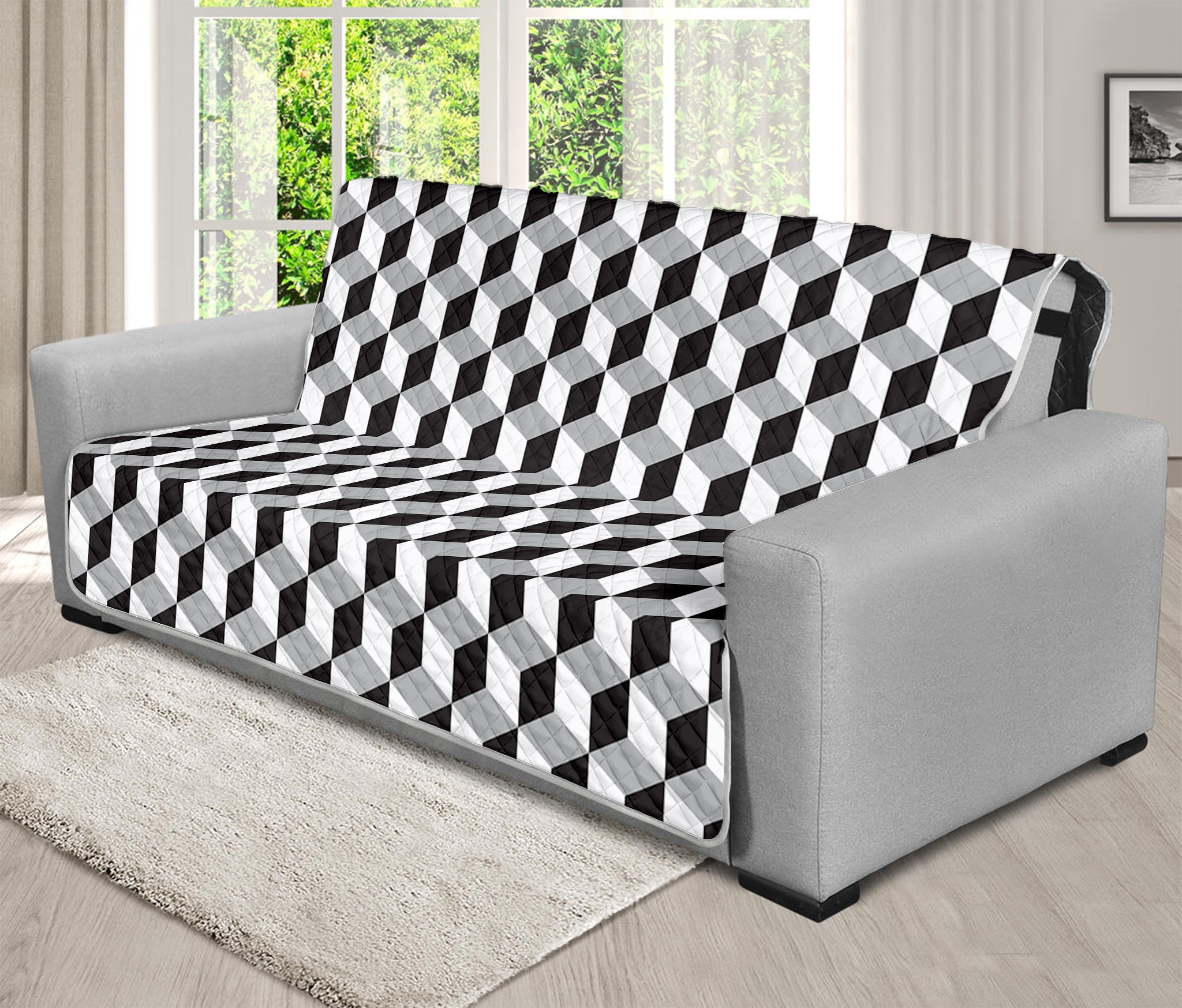 Grey Geometric Cube Shape Pattern Print Futon Protector