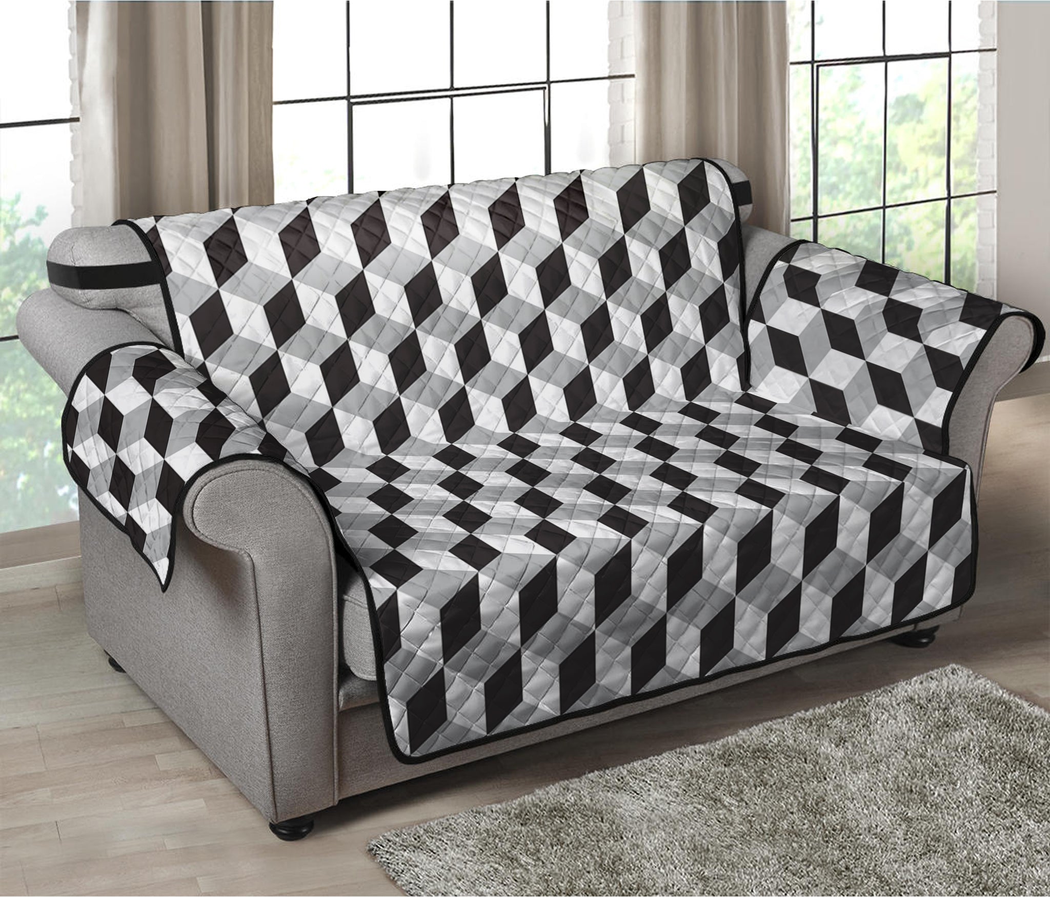 Grey Geometric Cube Shape Pattern Print Loveseat Protector