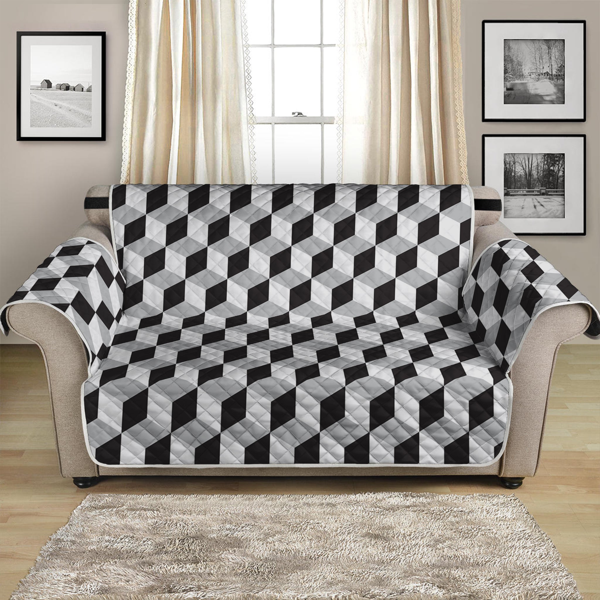 Grey Geometric Cube Shape Pattern Print Loveseat Protector