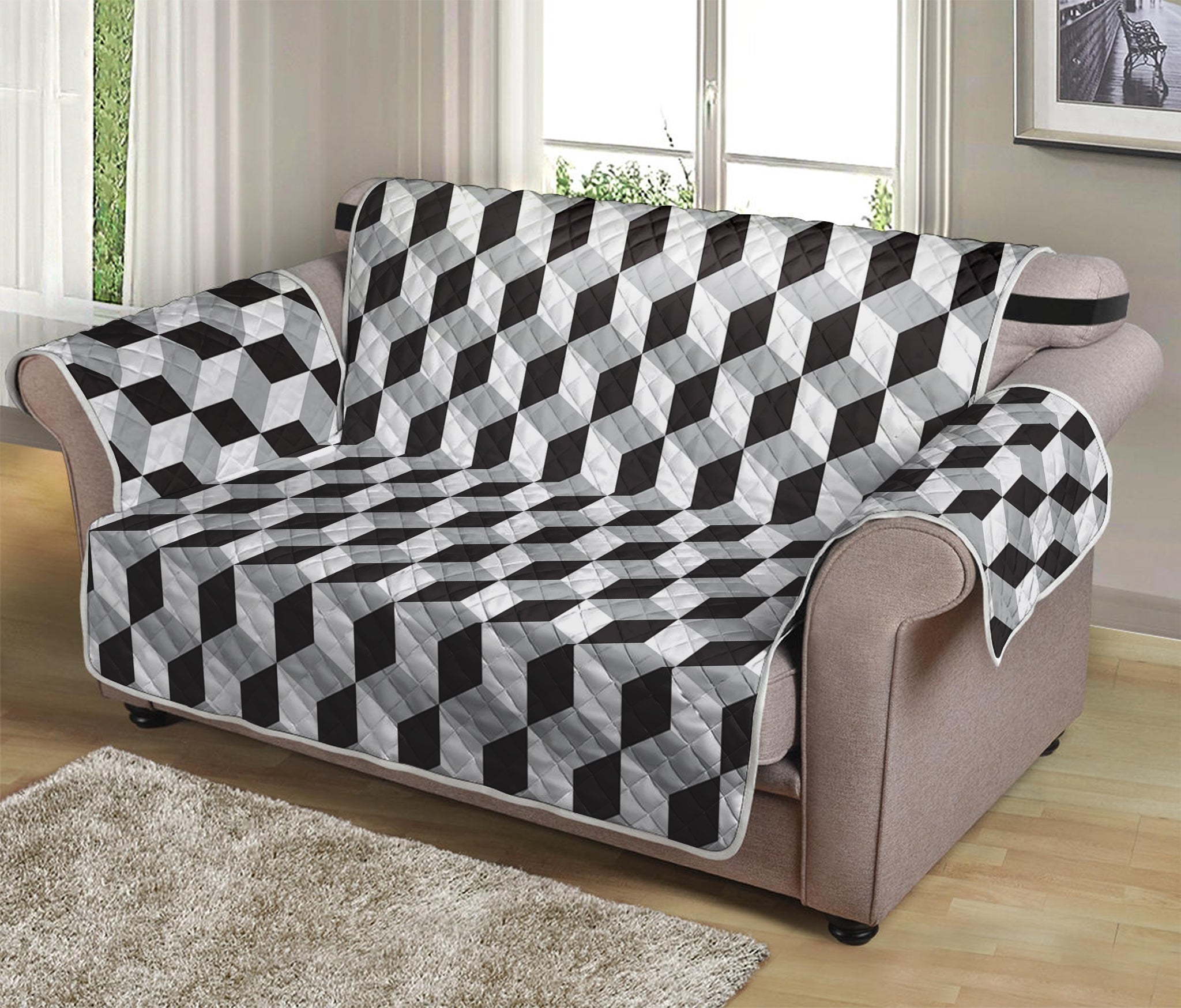 Grey Geometric Cube Shape Pattern Print Loveseat Protector