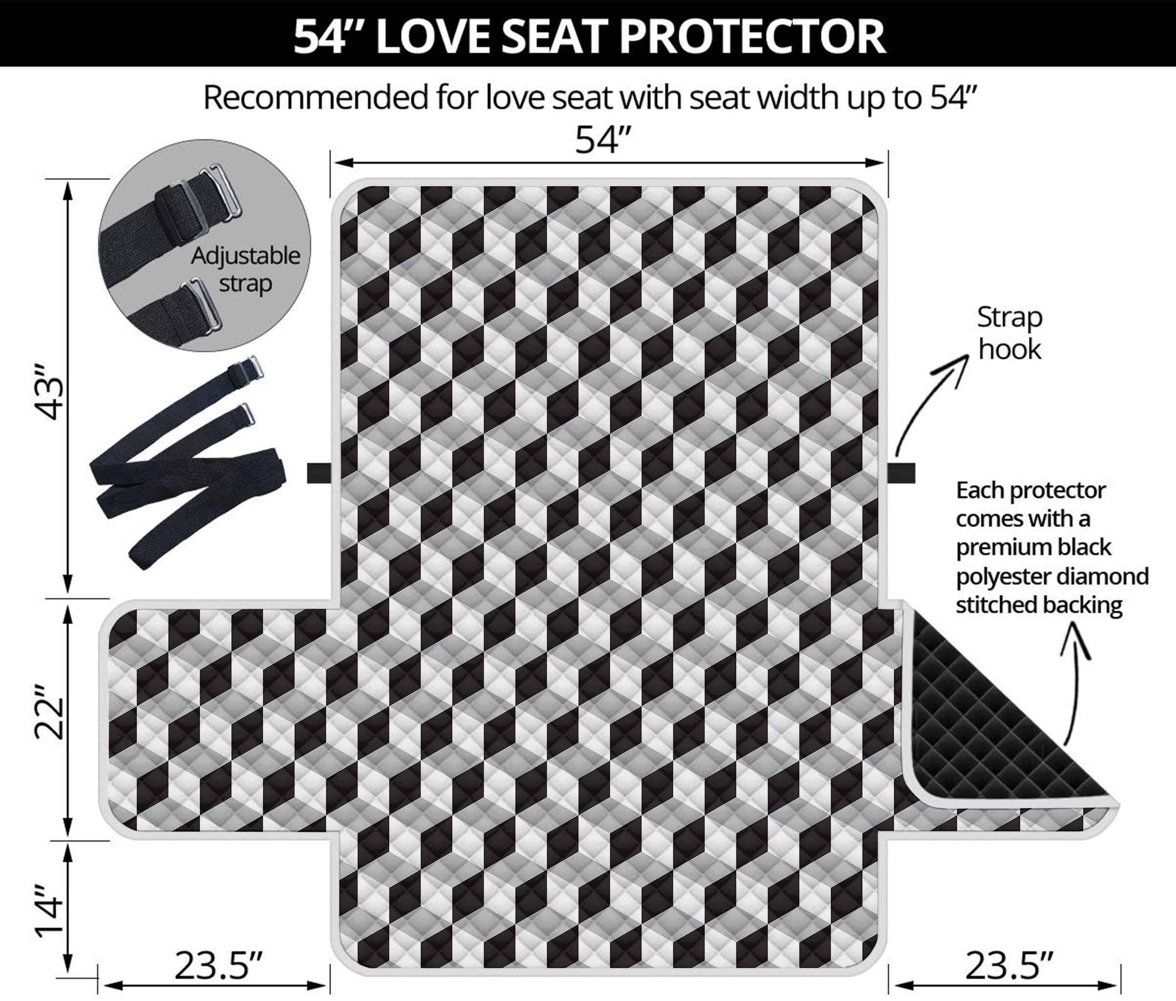 Grey Geometric Cube Shape Pattern Print Loveseat Protector