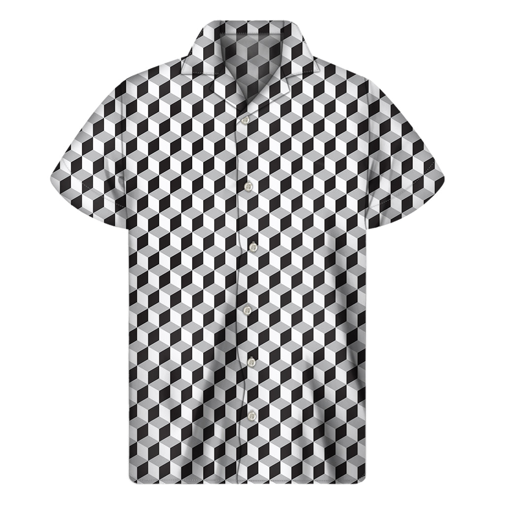 Grey Geometric Cube Shape Pattern Print Men's Short Sleeve Shirt