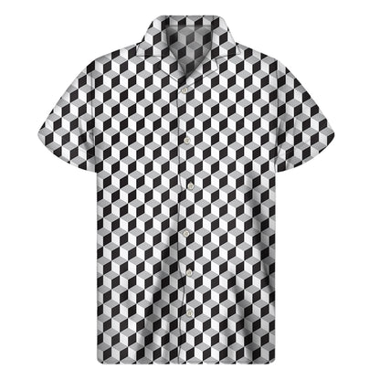 Grey Geometric Cube Shape Pattern Print Men's Short Sleeve Shirt