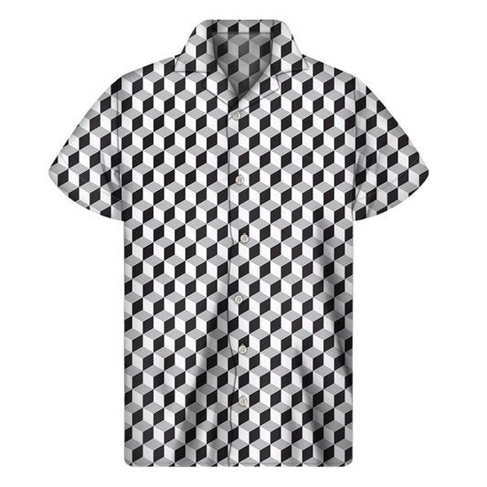 Grey Geometric Cube Shape Pattern Print Men's Short Sleeve Shirt