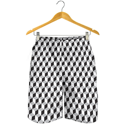 Grey Geometric Cube Shape Pattern Print Men's Shorts