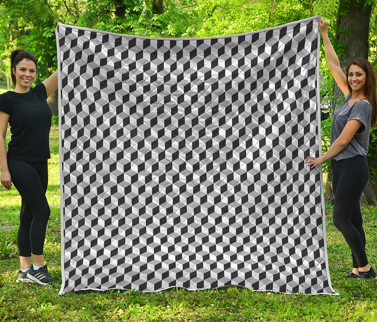 Grey Geometric Cube Shape Pattern Print Quilt