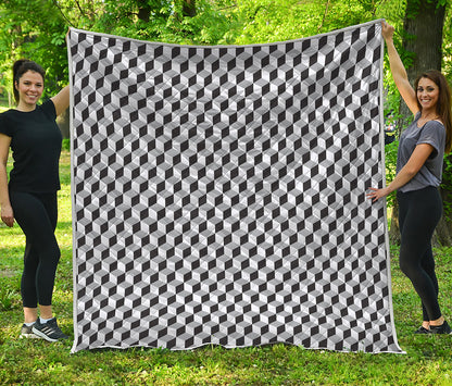 Grey Geometric Cube Shape Pattern Print Quilt