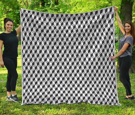 Grey Geometric Cube Shape Pattern Print Quilt