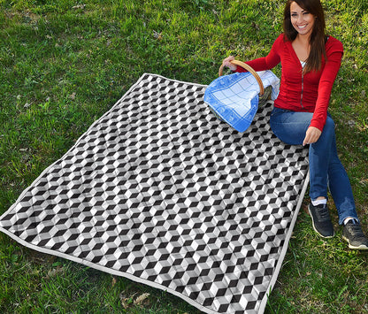 Grey Geometric Cube Shape Pattern Print Quilt