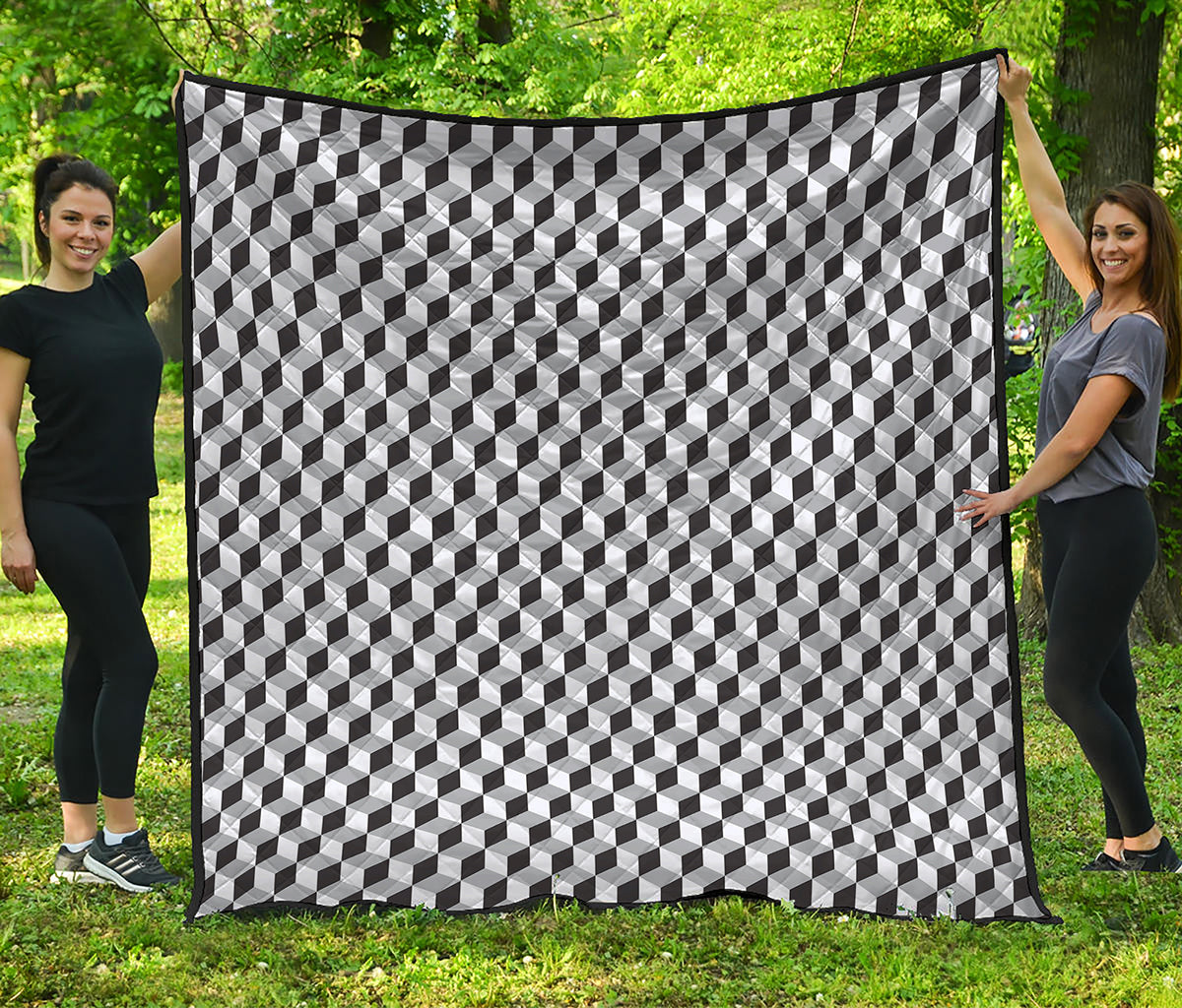 Grey Geometric Cube Shape Pattern Print Quilt