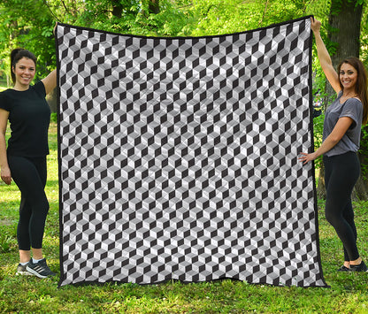 Grey Geometric Cube Shape Pattern Print Quilt