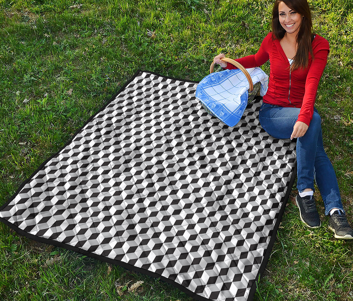 Grey Geometric Cube Shape Pattern Print Quilt