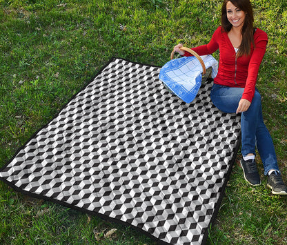 Grey Geometric Cube Shape Pattern Print Quilt