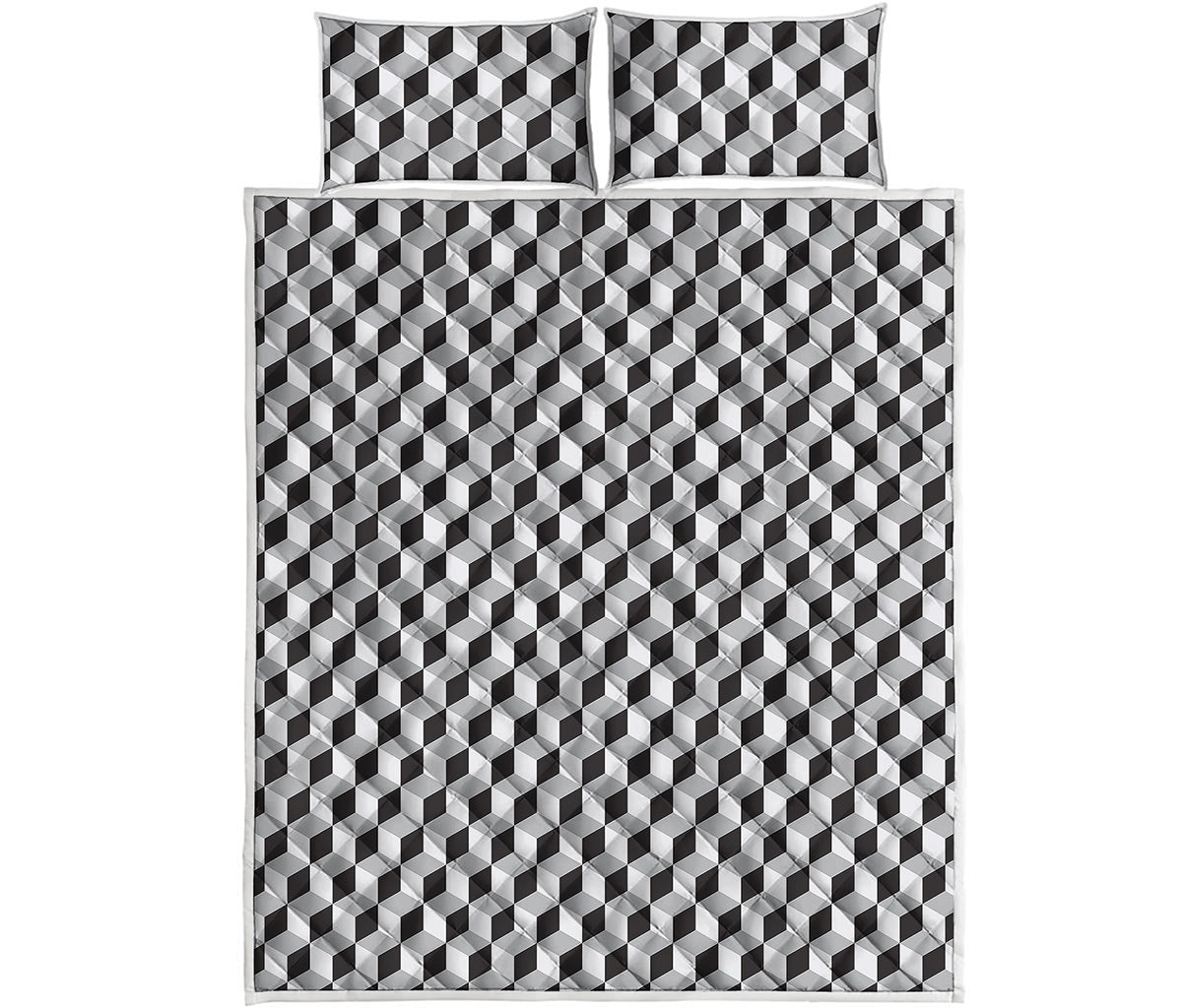 Grey Geometric Cube Shape Pattern Print Quilt Bed Set