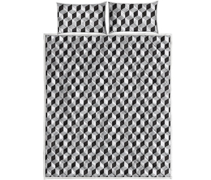 Grey Geometric Cube Shape Pattern Print Quilt Bed Set