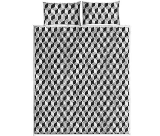 Grey Geometric Cube Shape Pattern Print Quilt Bed Set